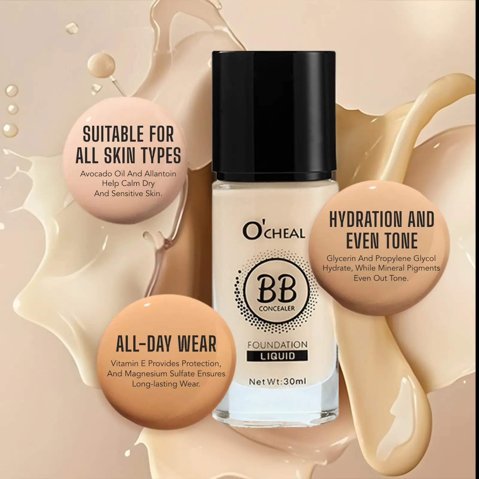 Waterproof Bb Cream, High Coverage Liquid Foundation, Long-Lasting Concealer, Brightening Makeup, Suitable for All Skin Types, Daily Use