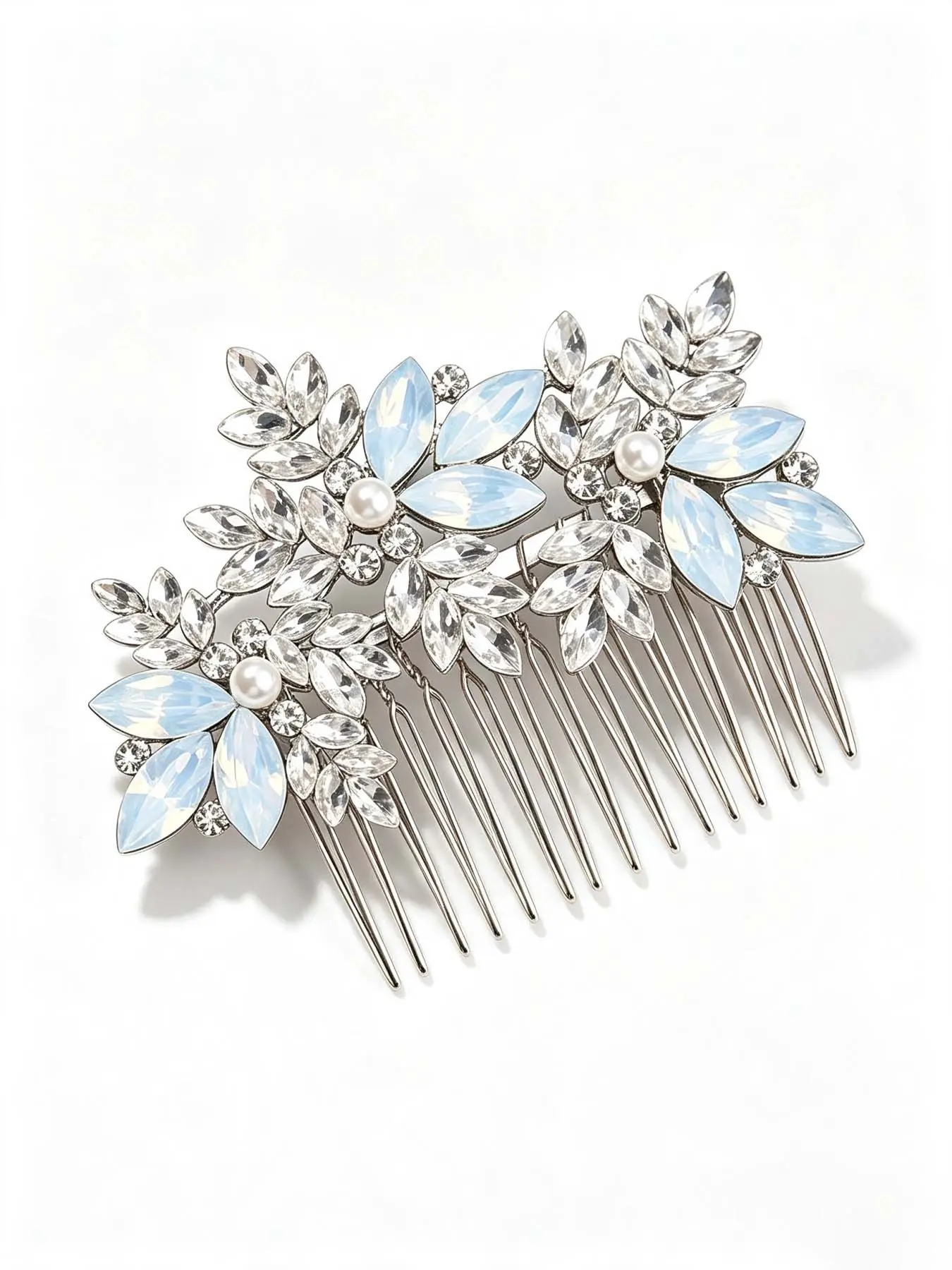 Luxury Blue Light Gemstone Pearl Flower Hair Comb, Korean Style Bride Wedding Updo Insert Comb, Elegant Party Accessory, Hair Styling Accessory, Versatile Hair Decor