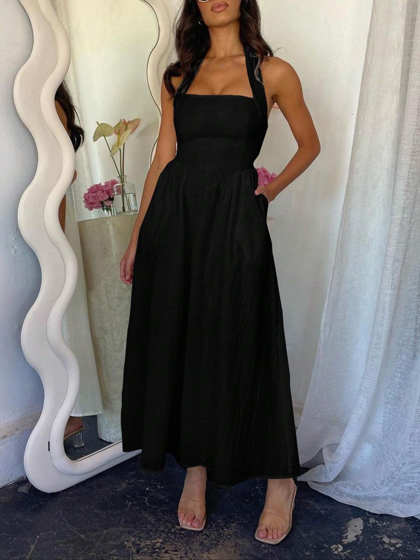 Women's Plain Pocket Zipper Back Dress, Casual Sleeveless Halter Neck A Line Dress for Summer, Ladies Clothes for Beach Holiday, Brunch Dresses, Casual Wear