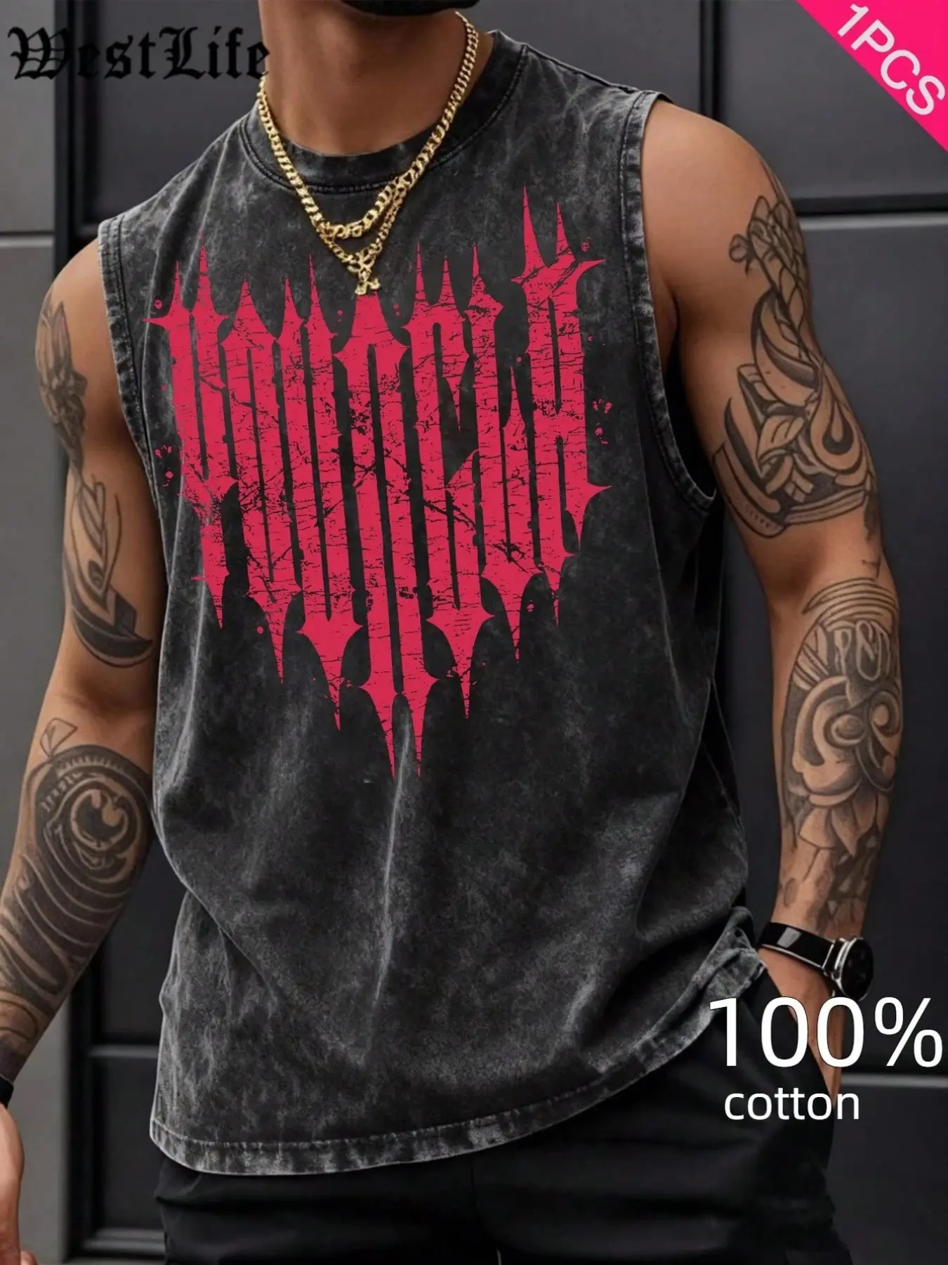 Grunge Aesthetic Distressed Washed Sleeveless Muscle Tank Top, Men's Oversized 100% Cotton Dark Spike Graphic Print Vest, Breathable Casual Streetwear Tee for Summer Outings, Gym & Punk Festival Outfits, Stylish Tank Tops