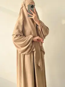 Dubai Women's Plain Long Robe Set, Two-Piece Ruffle Headscarf + Abaya, Elegant Casual Style, Perfect for Daily Worship, Parties, Festivals