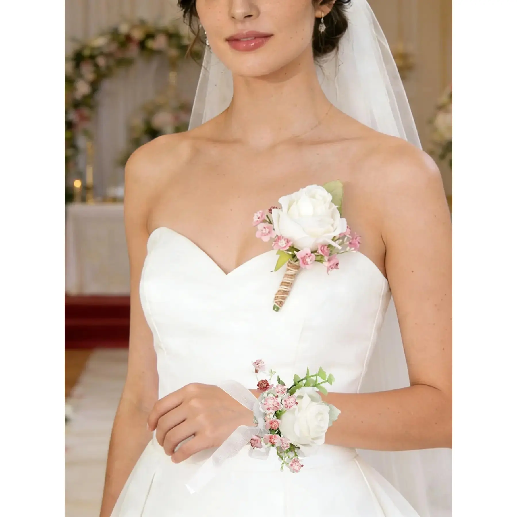 2pcs Rose Boutonniere & Bride Wrist Corsage Set, Perfect for Weddings Parties Proms Homecomings Valentines Day