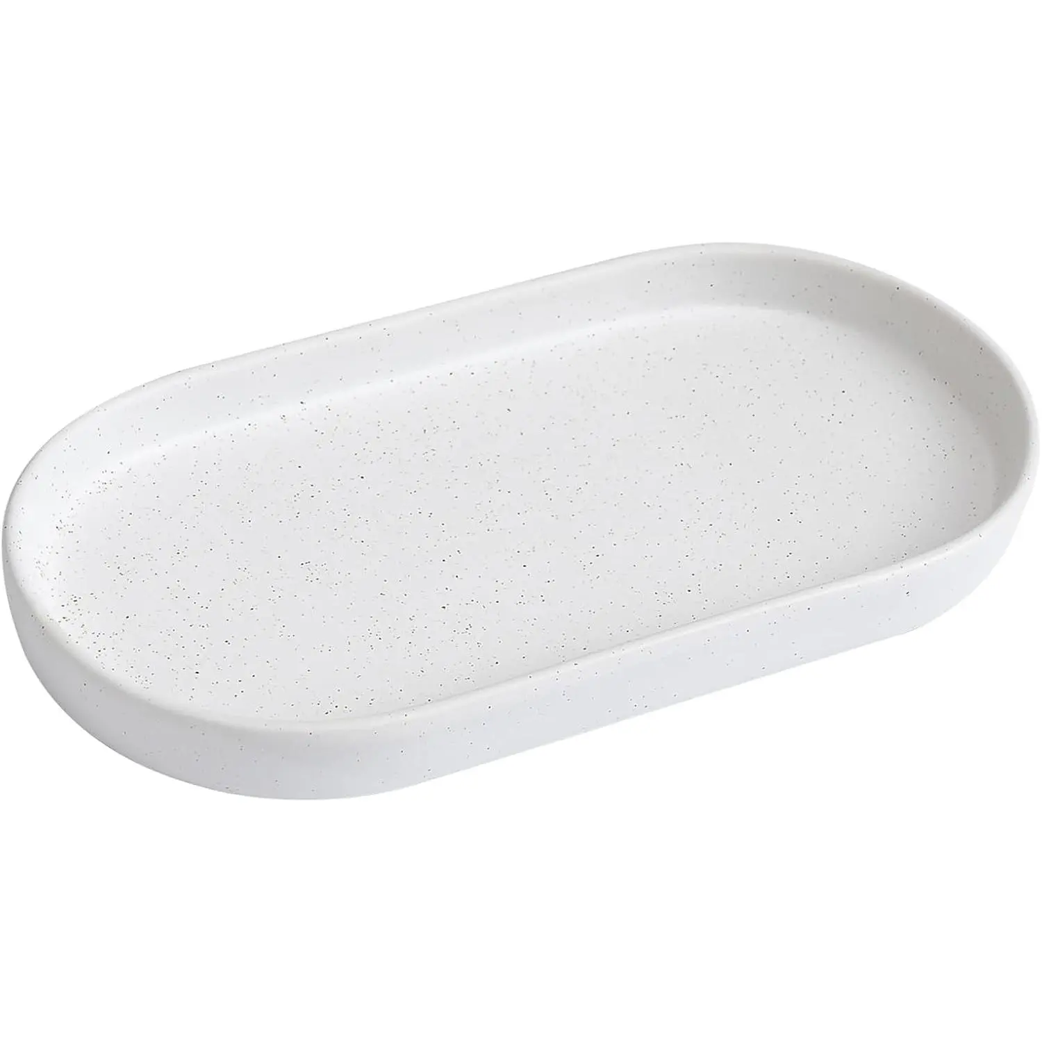 Speckled White Round Soap Dispenser Tray - 8'' Ceramic  Tray for Bathroom Decorative,  Ring Dish, Comestic Holder, Kitchen Sink Countertop Organizer Plate
