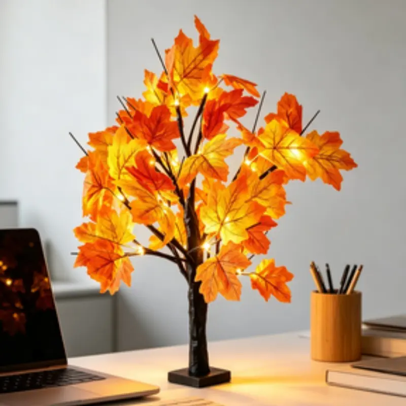 24 LED Maple Leaf Tree Lamp, Battery Powered Autumn Leaves Light, Warm LED Artificial Maple Tree, Halloween Thanksgiving Decor, Indoor Nightlight