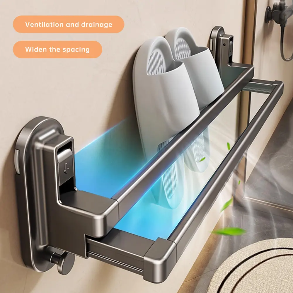JAIYUN Suction Cup Retractable Slipper Rack - No-Drill Self-Adhesive Single Layer Shoe Storage Organizer for Bathroom with Ventilation and Drainage