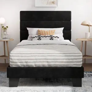 Twin/Full/Queen/King Black Velvet Upholstered Platform Bed Frame, Sturdy Wood Slat Support, No Box Spring Needed For Bedroom