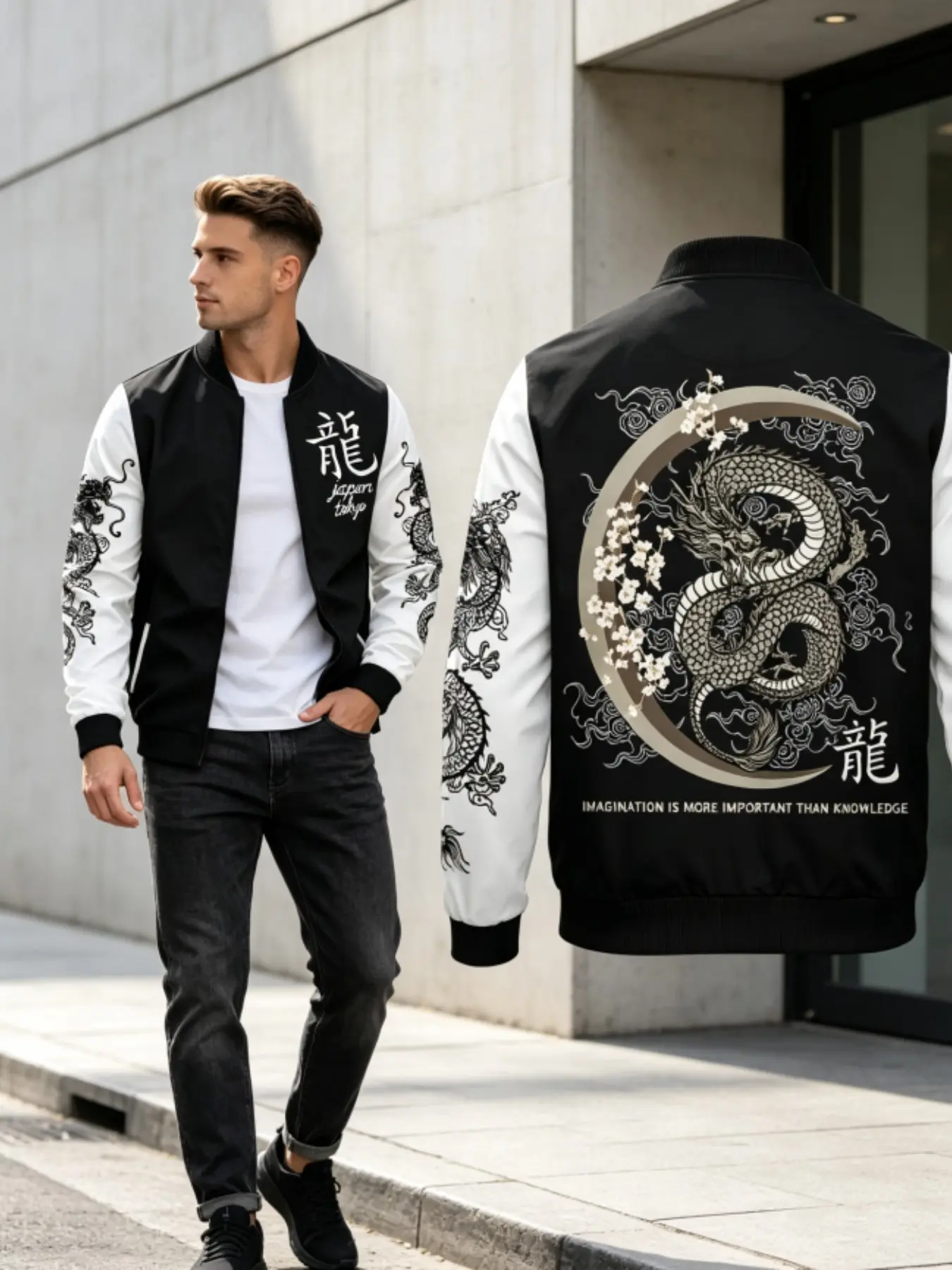 Men's Patchwork Baseball Pilot Jacket, Japanese Dragon Totem Print, Tokyo English Print, Windproof Zipper Coat, Streetwear Style