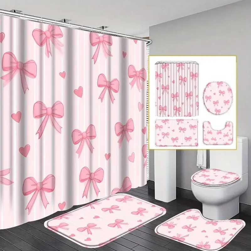 4-Piece pink bow shower curtain set, fashionable bathroom curtain set with 12 hooks, including non-slip bathroom floor mat, U-shaped toilet seat, toilet cover cover, bathroom accessories, suitable for bathroom and home decoration, housewarming gift