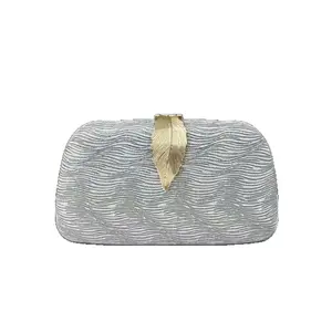 Silver Evening Clutch Bag Luxury Glitter Purse Round Metal Ring Handle Handbag Gold Leaf Feather Clasp Dumpling Wavy Shoulder Pouch for Party Prom
