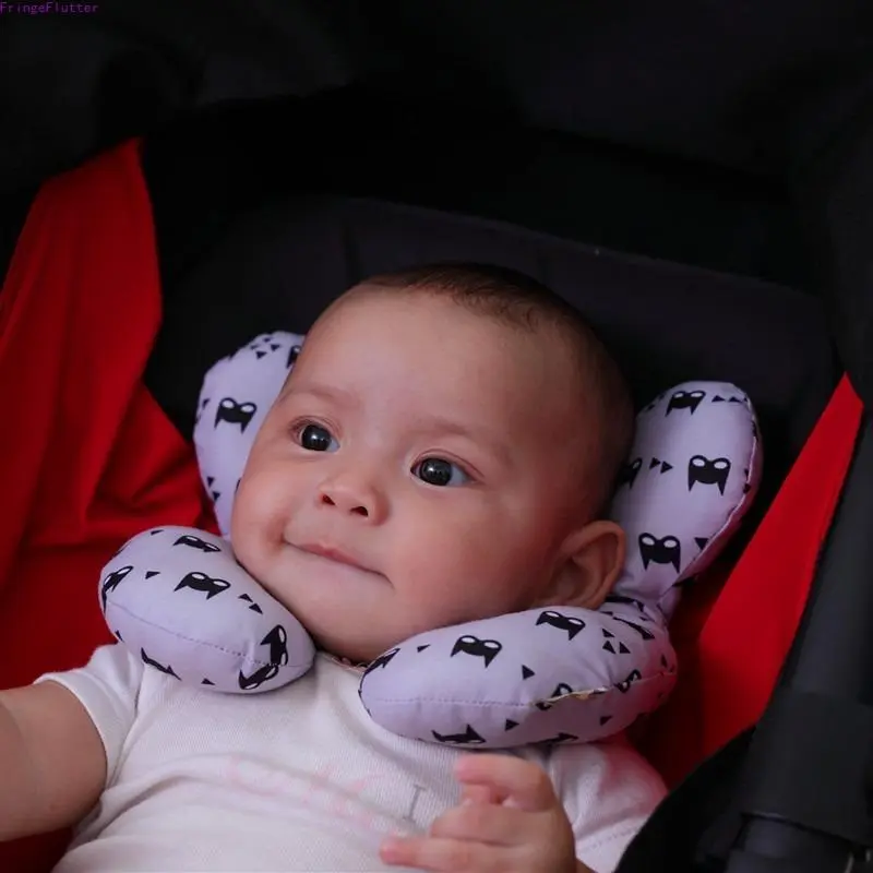 Cozy Cute Soft Fleece Cartoon-Print U-Shaped Newborn Pillow, Ergonomic Neck-Head Support Cushion for Car Seats, Strollers (Leisure & Outdoor Travel Use)