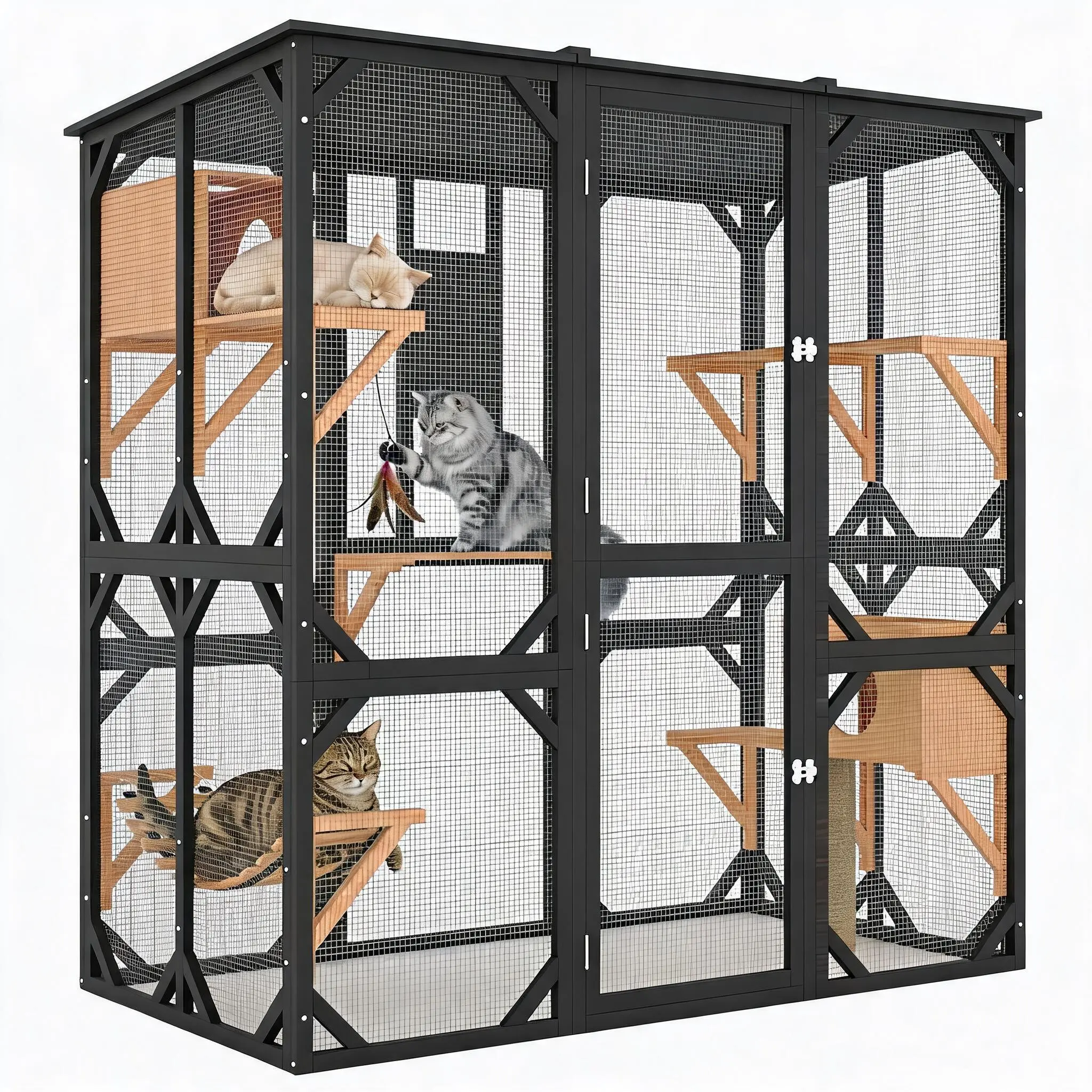 Functional Extra Large Wooden Catio - Single Unit Outdoor Cat Enclosure with Wood Frame, Waterproof Roof, Nesting Space, Napping House, Platform, Hammock, Sisal Post, 68.11x69.69x36.38in