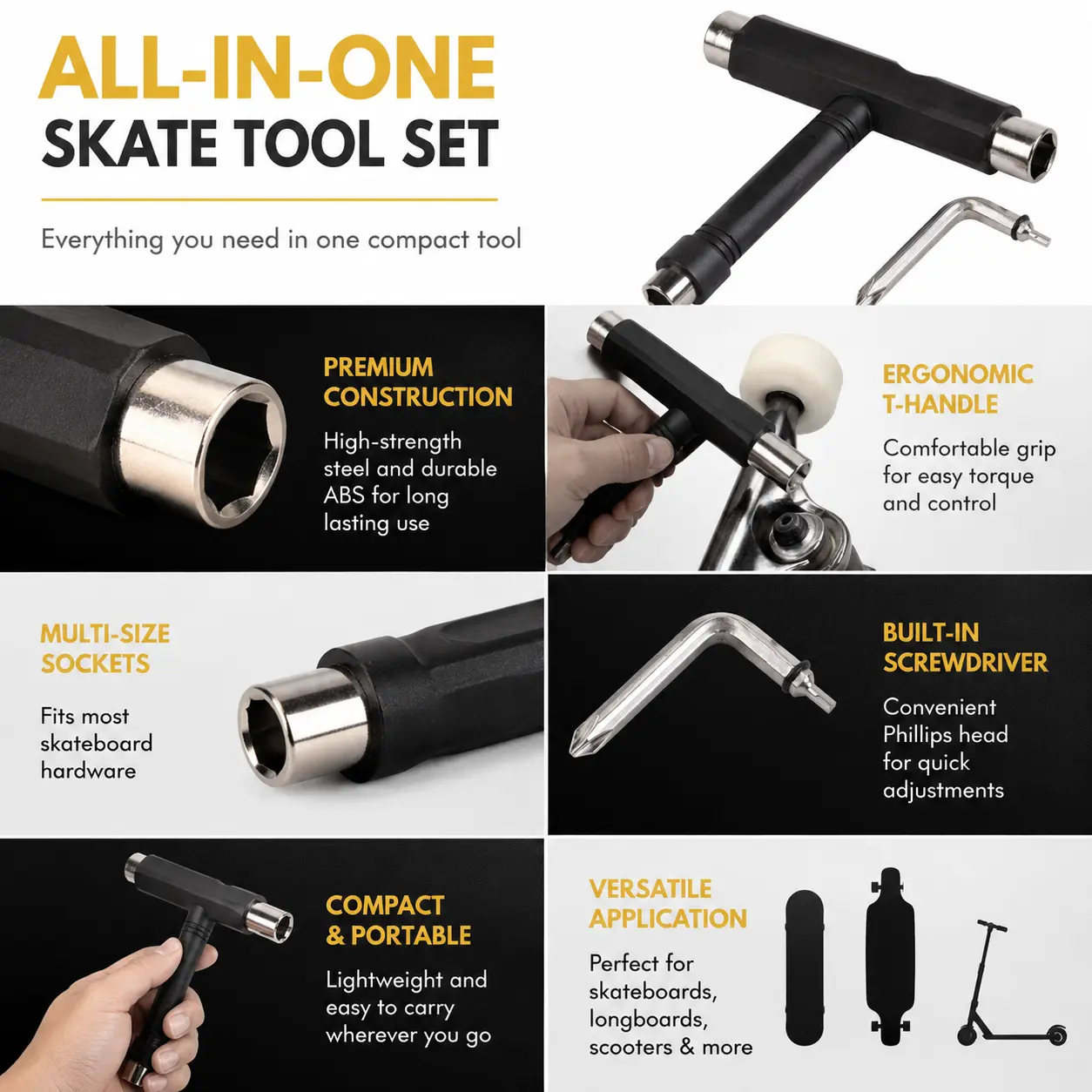 Professional Skateboard Multi-Tool Wrench Set with T-Handle, 3-Hole Socket, L-Shaped Allen Key, and Precision Hex Bits for Wheels, Trucks, and Bearings Maintenance
