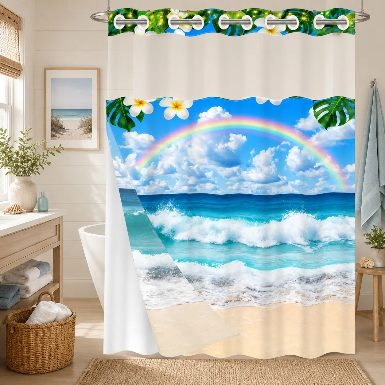 1Pc Hookless Double Layer Shower Curtain Set, Rainbow Ocean Beach & Tropical Flower Print, Snap-In Waterproof Mildew-Resistant Liner, Fabric Outer Curtain with Sheer Viewing Window, 71×74 Inch, Machine Washable, for Home, Apartment and Hotel Bathrooms