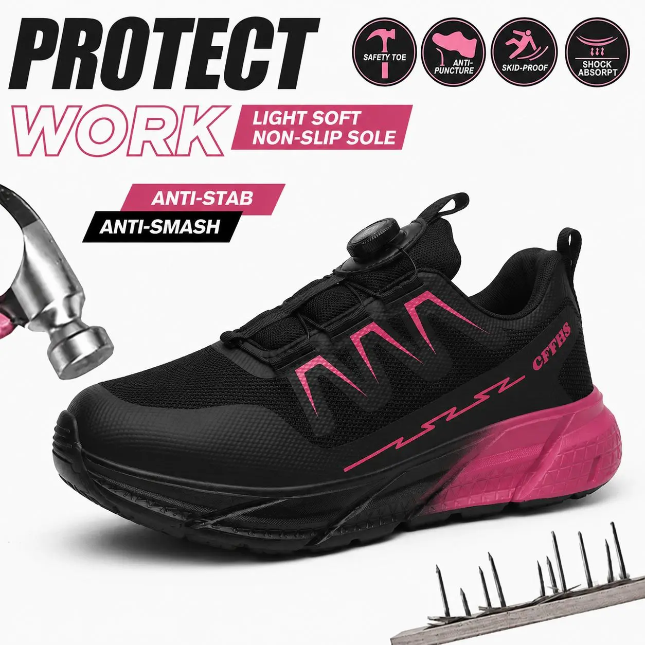 Women's Round Toe Mesh Slip-On Basic All-Seasons Non-Slip Steel Toe Work Shoes - Puncture Resistant, Lightweight, Breathable Safety Sneakers for Nurses Standing All Day
