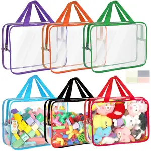 6 Packs Large Clear PVC Reusable Toy Storage Bags with Zipper Labels, Waterproof Travel Organizer for Building Blocks Board Games Puzzles Kids Books Stationery