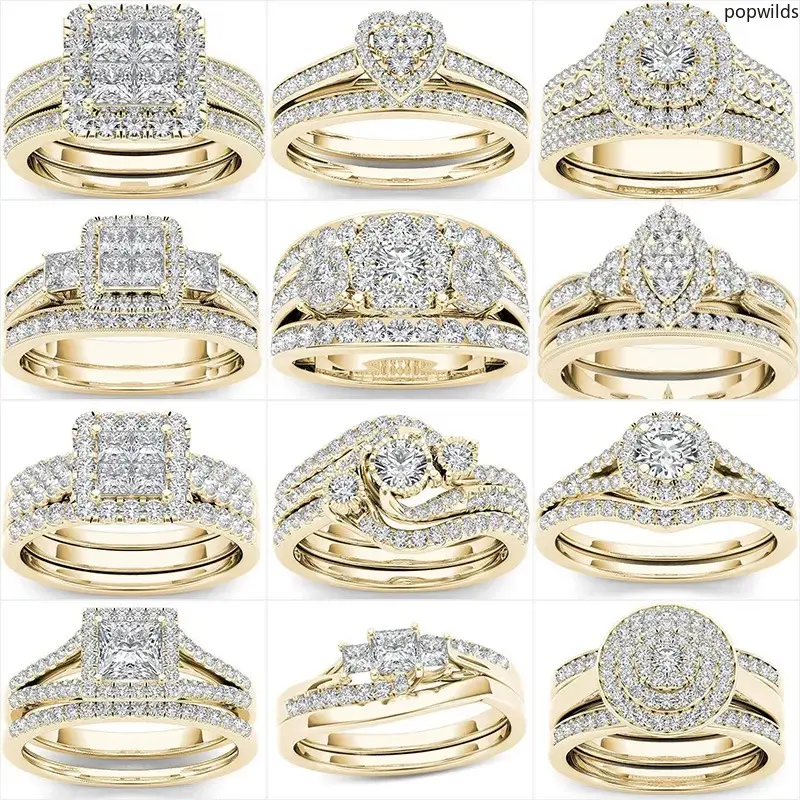 Gold‑Plated Couple Matching Ring Set, Sparkling Cubic Zirconia Inlaid Promise Rings, Romantic Statement Jewelry Gift for Lovers