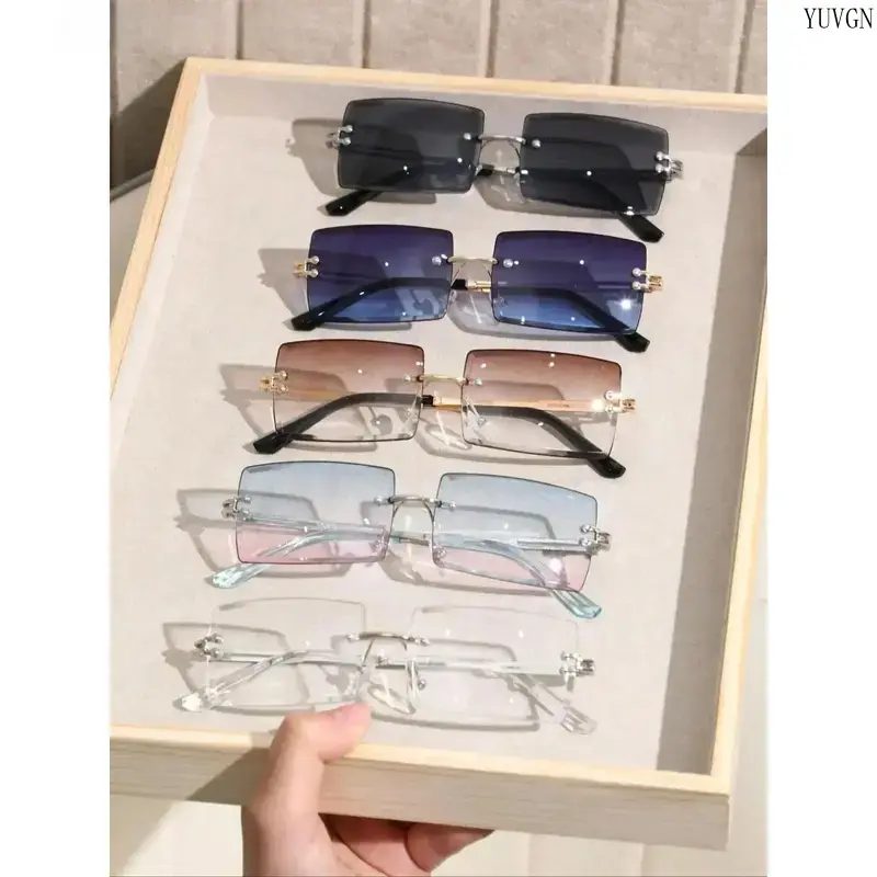 Unisex Rimless Rectangular Sports Sunglasses (5 pcs) - 1 Size Plastic Frame, Gradient Lens, UV400 Protection, Face Slimming, Minimalist, Lightweight, Durable, 90s Nostalgia Casual Daily Accessory with Free Random Eyeglass Cloth