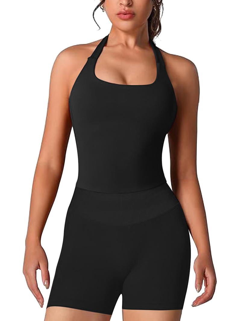 Women's Two-Piece Solid Color Halter Top & High Waist Shorts Sports Set, Sporty Breathable Quick Drying Outfits for Yoga, Gym Workouts and Running, Ladies Sportswear for Summer, Pilates Yoga Wear