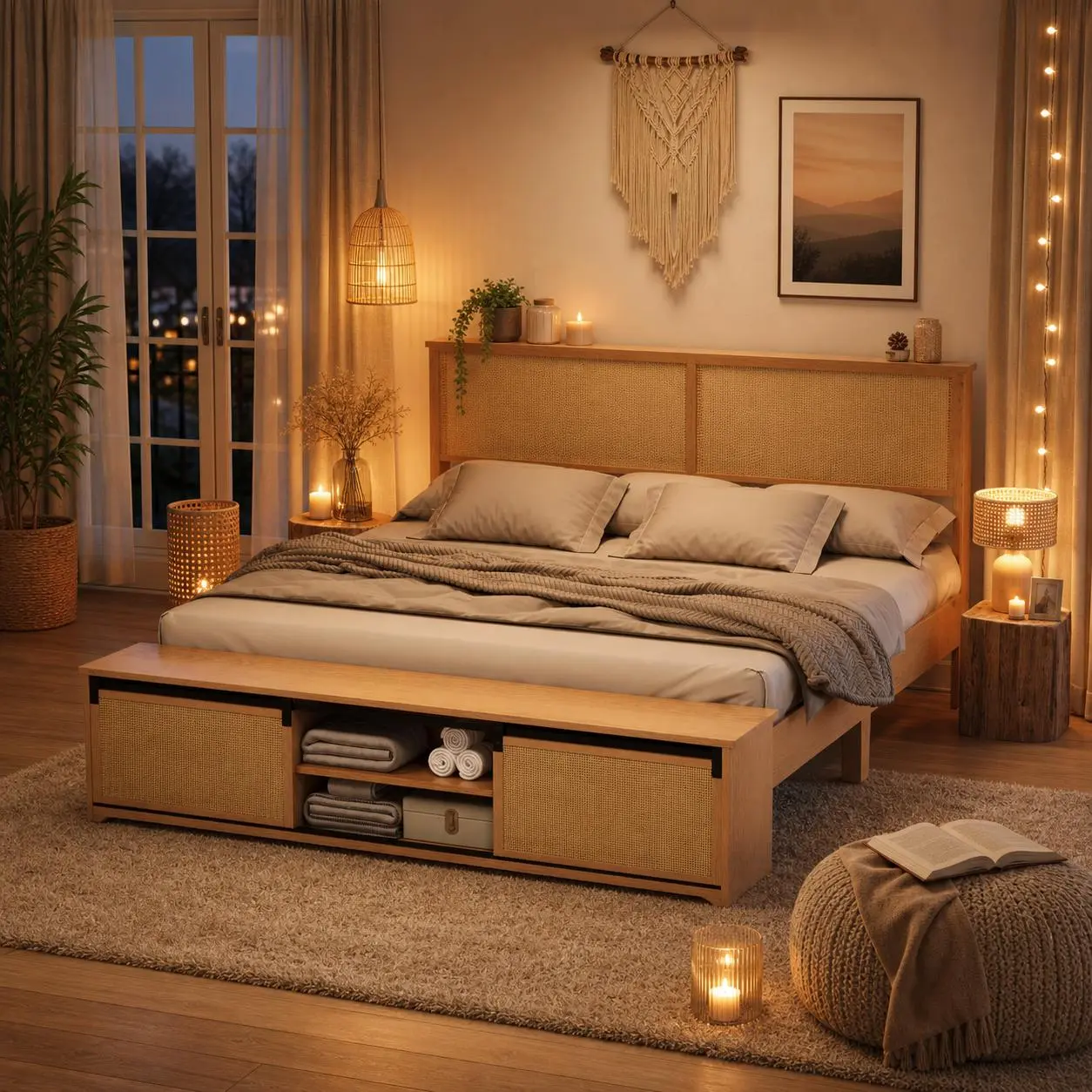 Boho Farmhouse Full Size Rattan Platform Bed Frame with LED Light Headboard, Sliding Barn Door Storage Cabinets