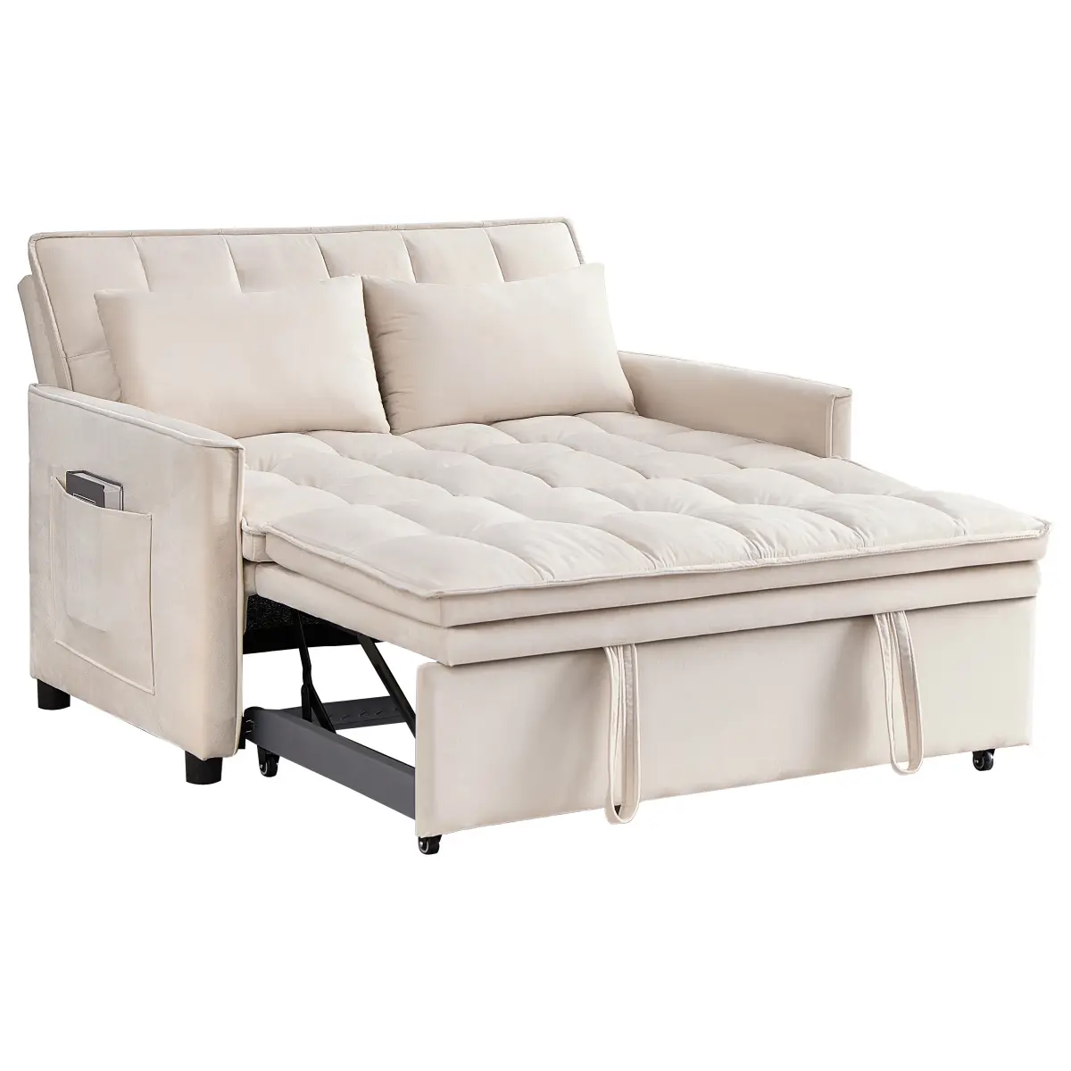 Beige Convertible Pull Out Loveseat Sofa Bed, 5 Adjustable Backrest Positions, Velvet Fabric High Density Foam Cushion, Side Storage Pocket, Reinforced Wooden Frame 3-in-1 Sleeper Couch for Apartment Guest Room Home Office