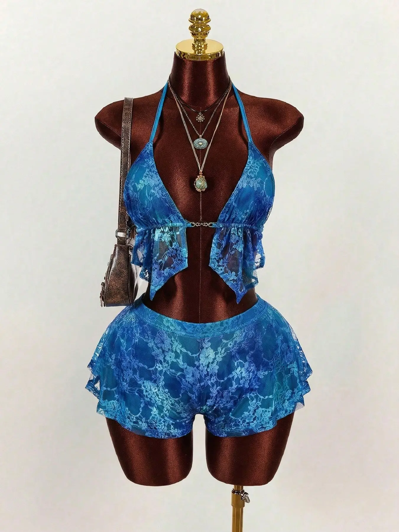 Women's Spring New Lace Ombre Print Pattern Low-Cut Halter Camisole, Low-Waist Shorts Set, Stylish and Comfortable for Daily Wear Clothes