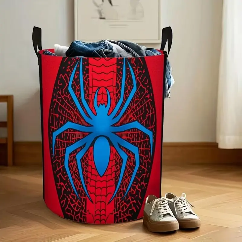1pc Spider-Themed Laundry Basket with Red & Black Web Pattern - Spacious Round Shelf Suitable for Family, Couples, Apartments, Storage Hamper with Sturdy Handle for Clothes, Modern Organization, Laundry Baskets