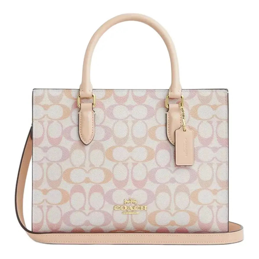 COACH Maggie 24 Classic Monogram Canvas Tote Bag for Women, Crossbody and Handheld, Pink Yellow