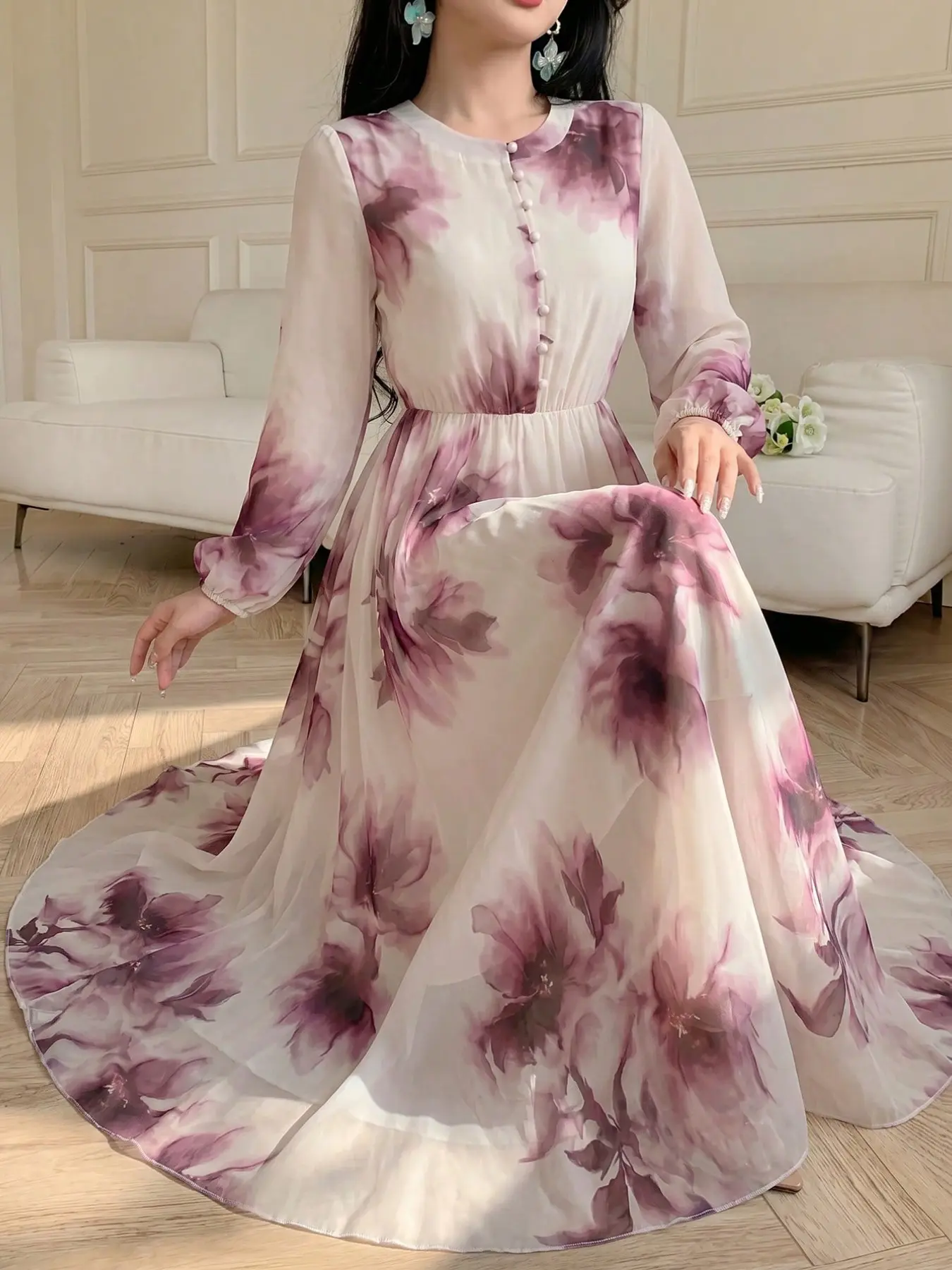 Watercolor Floral Round Neck Long Sleeve Chiffon Lightweight Summer Dress, New Chinese Style Gentle Wind, Beach Vacation Atmosphere Long Dress
