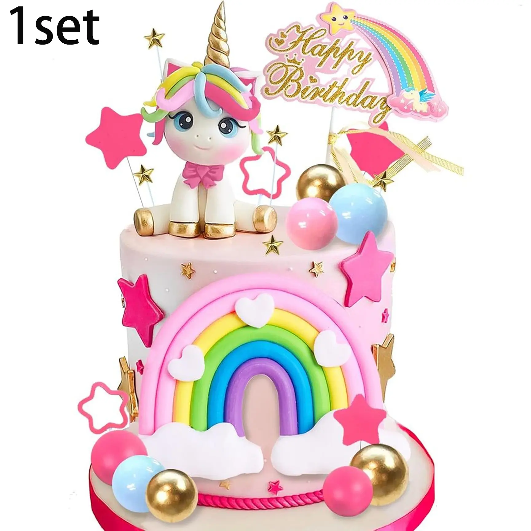Rainbow Cake Decor Set 27 Pieces, 3D Hand-Crafted Cake Figurine, Star Ball Rainbow Insert Topper, Party Cake Decor for Baby Shower, Girls Birthday