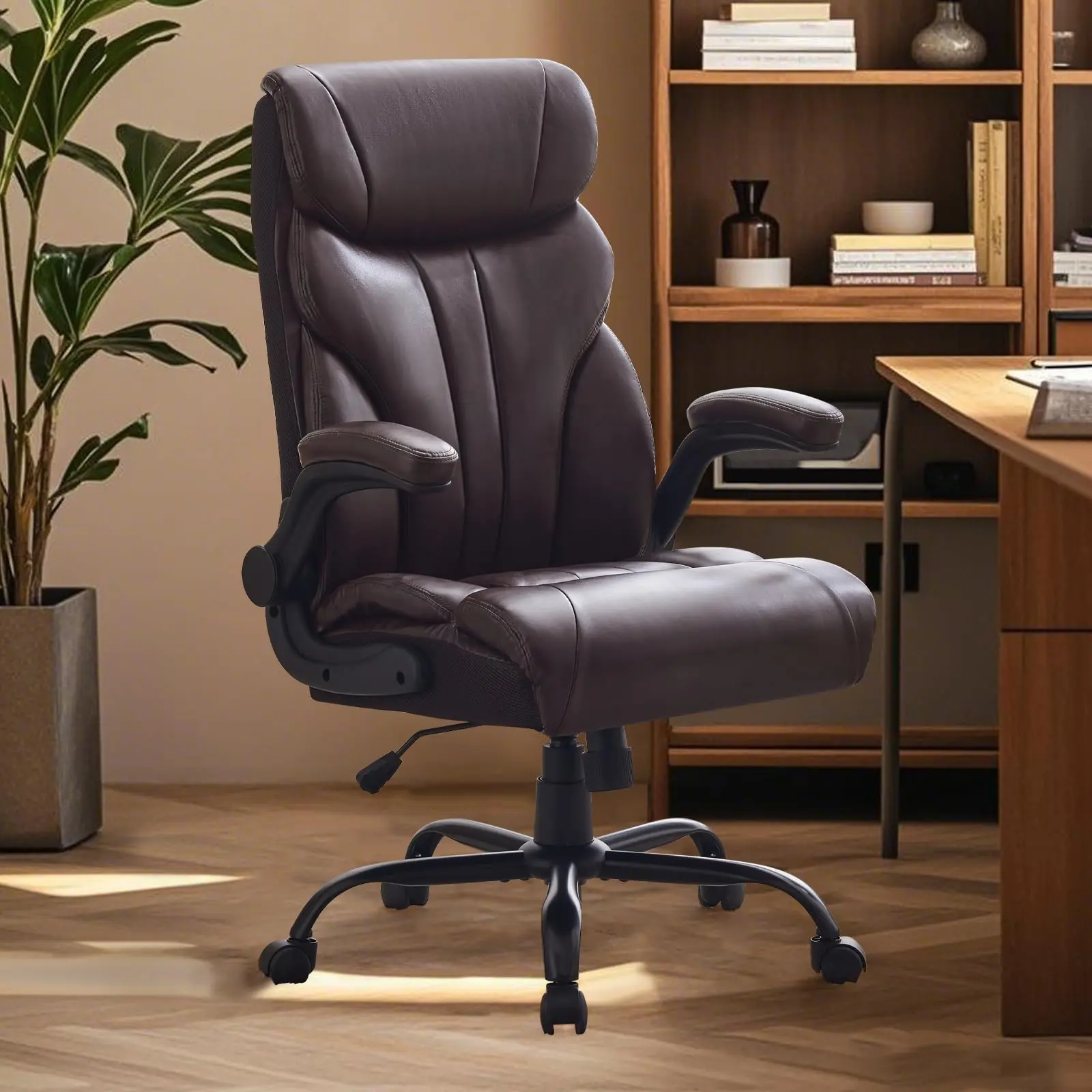 Comfortable Office Desk Chair, Big and Tall Office Chairs with Adjustable Flip-Up Armrests, Recline Executive Leather Gaming Chair