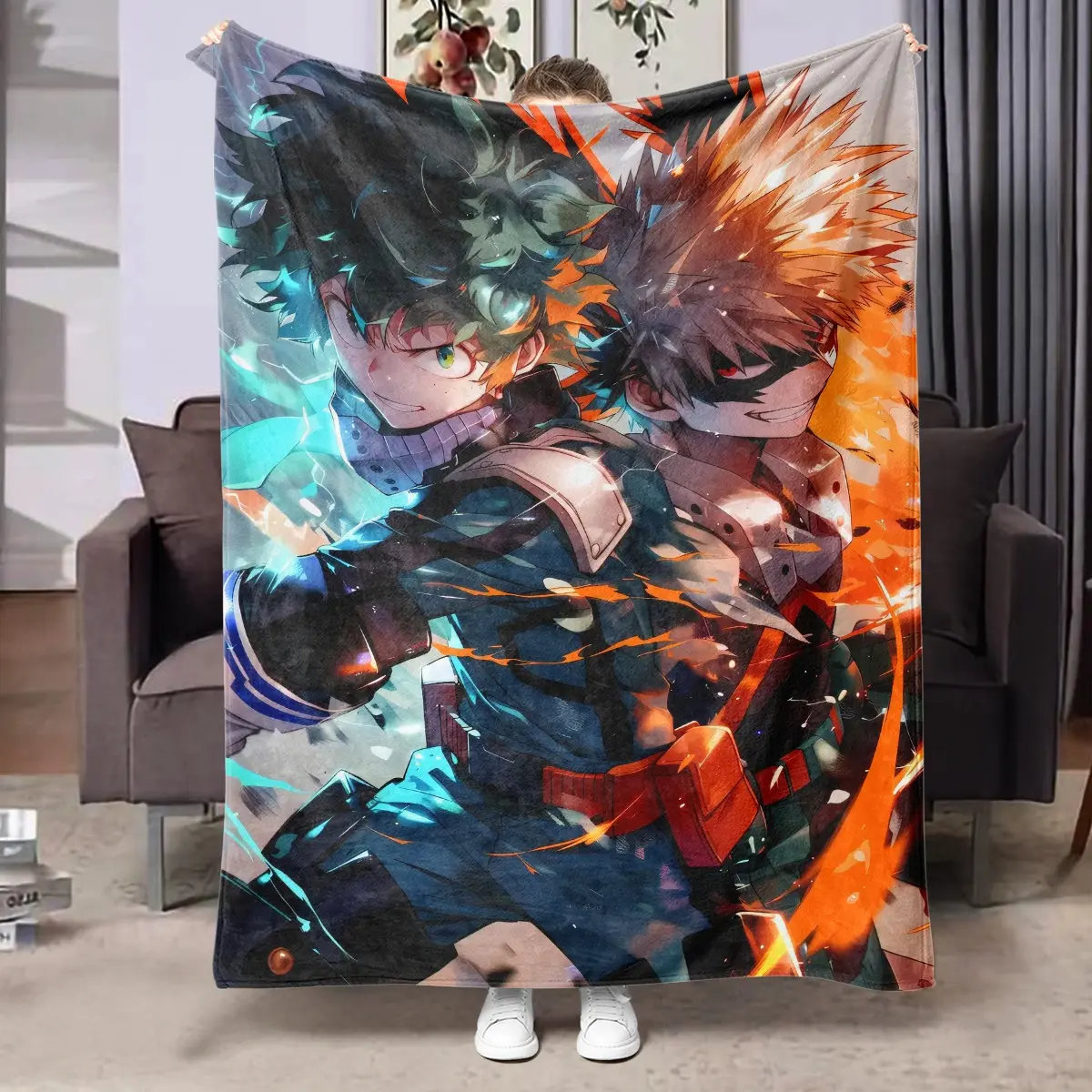 1PC My Hero Academia Anime Character Flannel Fleece Throw Blanket, Cool Deku Bakugo Poster With Lightning Fire Effect, Multiple Styles, Soft Cozy Warm Lightweight Blanket for Sofa Bed Office Travel Camping, Anime Fan Christmas Gift