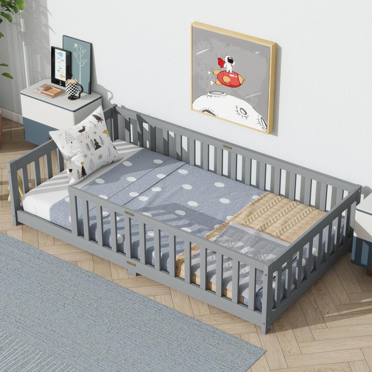 Twin Size Floor Bed with Fence without Door, Twin/Full/Queen Size Bed Floor Bed with Safety Guardrails and Door,Twin/Full Size Montessori Floor Bed for Kids, Solid Wood Bed Frame with Fence, Door & Safety Guardrails, CPC Certified Twin Size Floor Bed with Fence without Door, Twin/Full/Queen Size Bed Floor Bed with Safety Guardrails and Door,Twin/Full Size Montessori Floor Bed for Kids, Solid Wood Bed Frame with Fence, Door & Safety Guardrails, CPC Certified