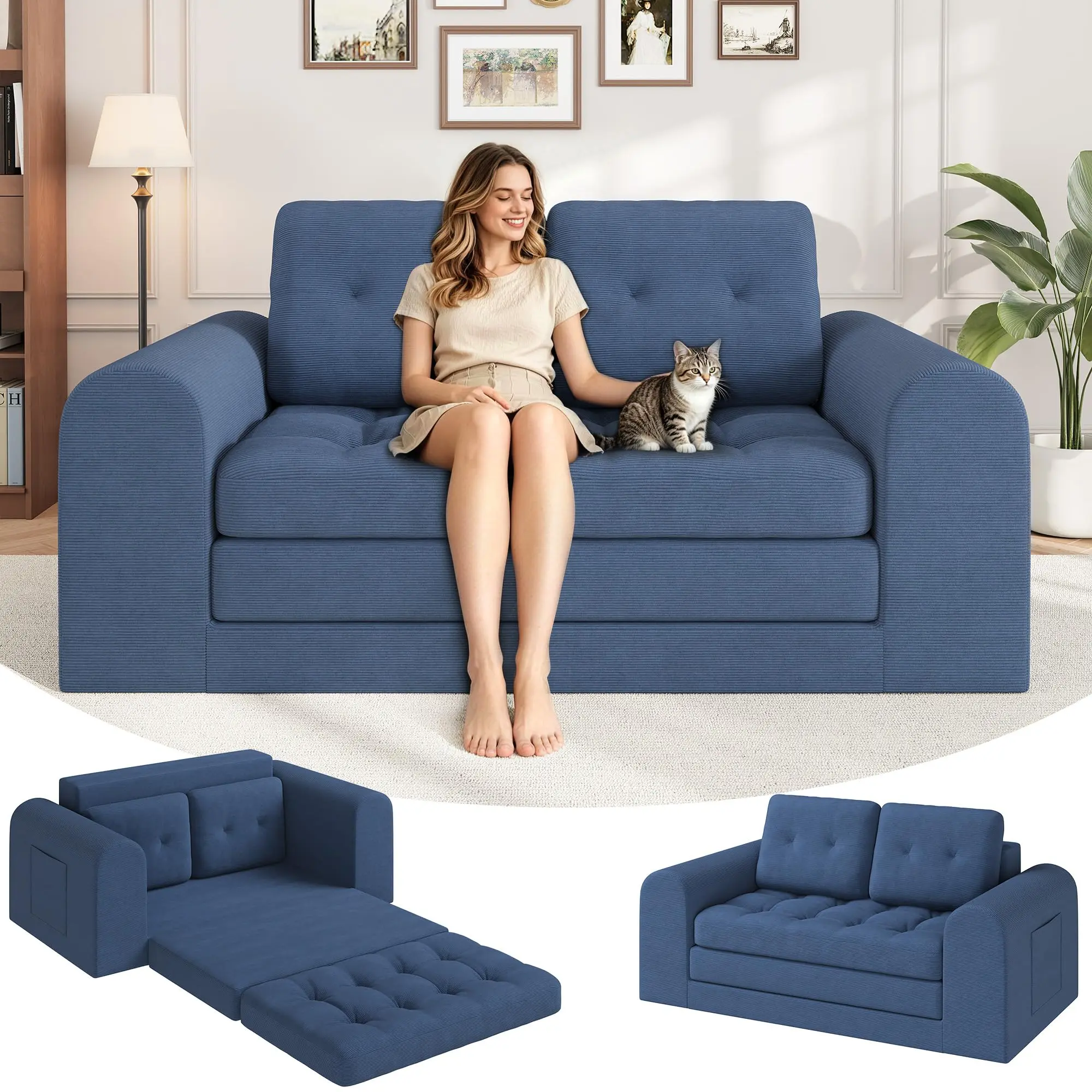 Garvee Convertible 59" Corduroy Folding Loveseat Sofa Bed, 2-Seater Foldable Futon with Round Armrest, No Assembly Compressed Floor Sofa for Living Room or Bedroom in Blue
