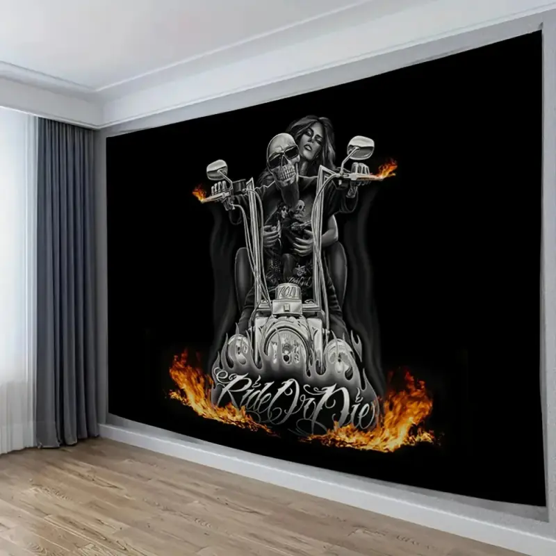 Oversized Motorcycle Rider Tapestry, Decorative Tapestry - Black Background, "Ride Or Die" Design, Woven Polyester Fabric, Bedroom, Living Room Interior Wall Decor, Bold Biker Theme with Skull and Flames, Living Room Art Wall Flag 3*5 flag