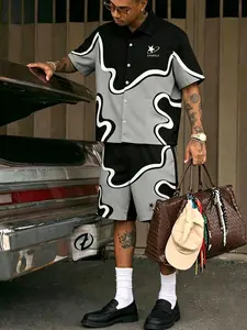 Men's Simple Line Casual Shirt Set, Short Sleeve Shirt and Shorts, Comfortable for Spring and Summer, Dazy Fashion Combination