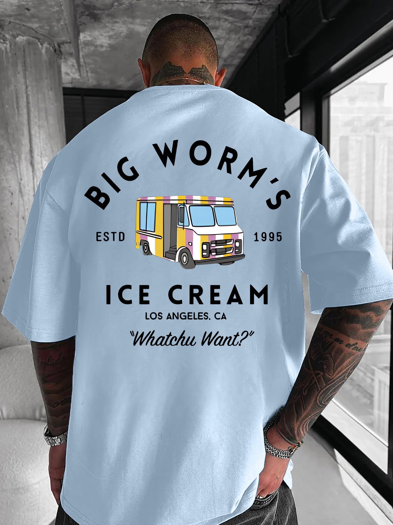 Men's Cartoon Ice Cream Truck & Letter Print Round Neck Tee, Loose Street Fashion Casual Short Sleeve T-shirt for Daily Wear, Men's Clothes for All Seasons, Casual Fit Streetwear