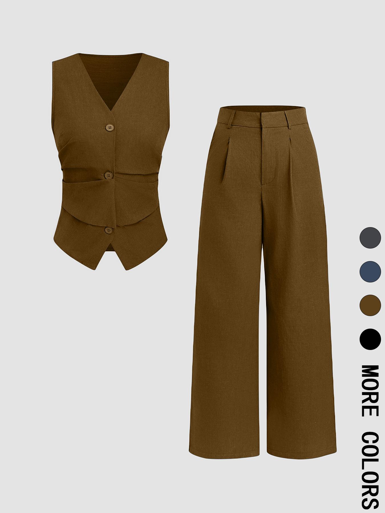 Classic Suit Set, Two Piece Set Solid Color Vest & Wide Leg Pants Elegant Fitted Fashion Casual Work Office Business Suits for Summer Fall Y2K, On The Go, Beach Ready, Relaxed Fit, Chic, Slim, Coastal Style
