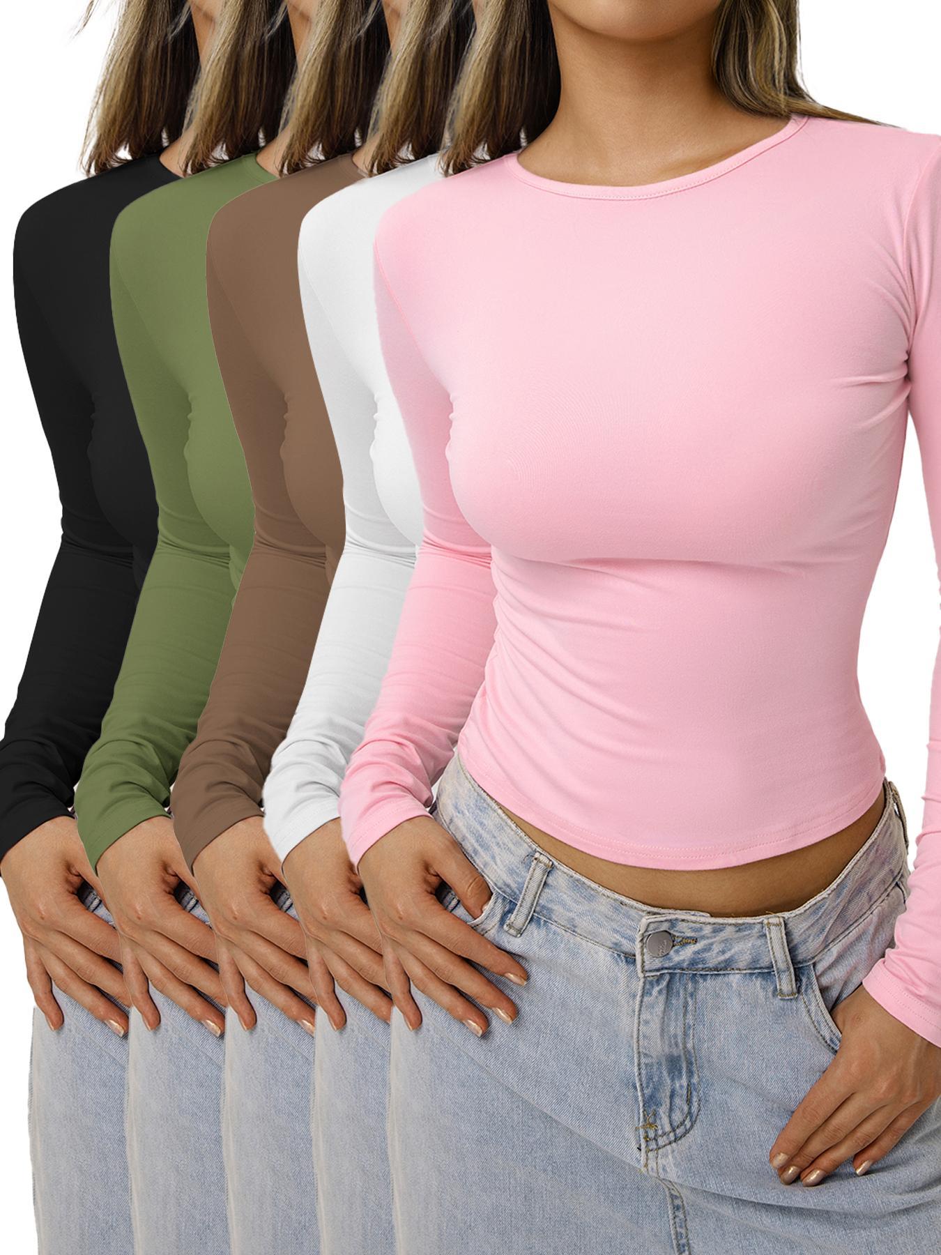 Women's Solid Long Sleeve Crop Lounge Tee, Casual Comfy Round Neck T-shirt for Daily Wear, Ladies Sleepwear for Spring & Fall