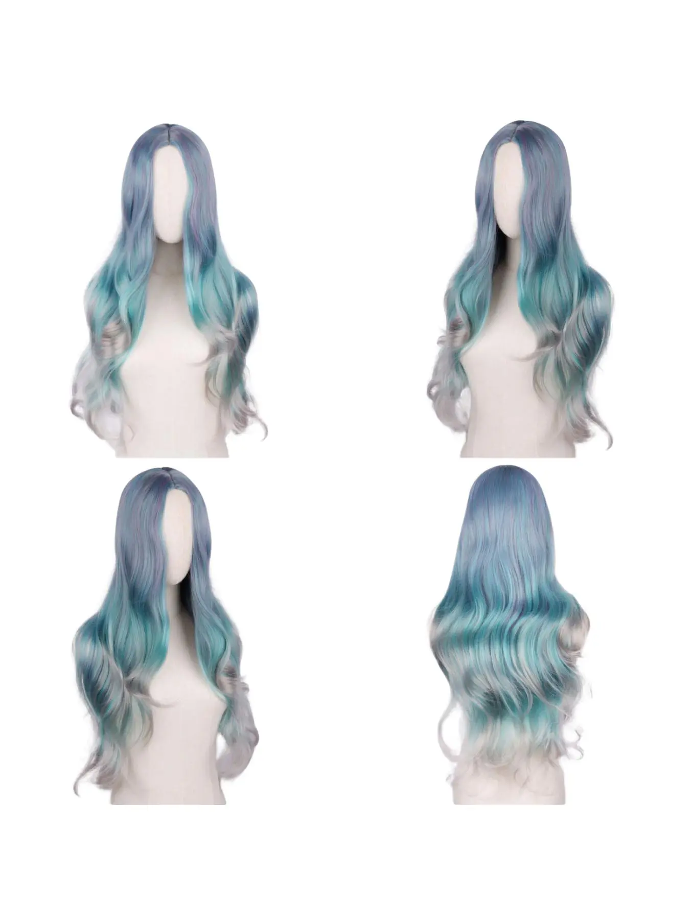 Mermaid Wig Long Curly Hair Cosplay, Colorful Women's Middle Part, Mixed Blue Dyed Gradient, High-Temperature Fiber, Party Wig
