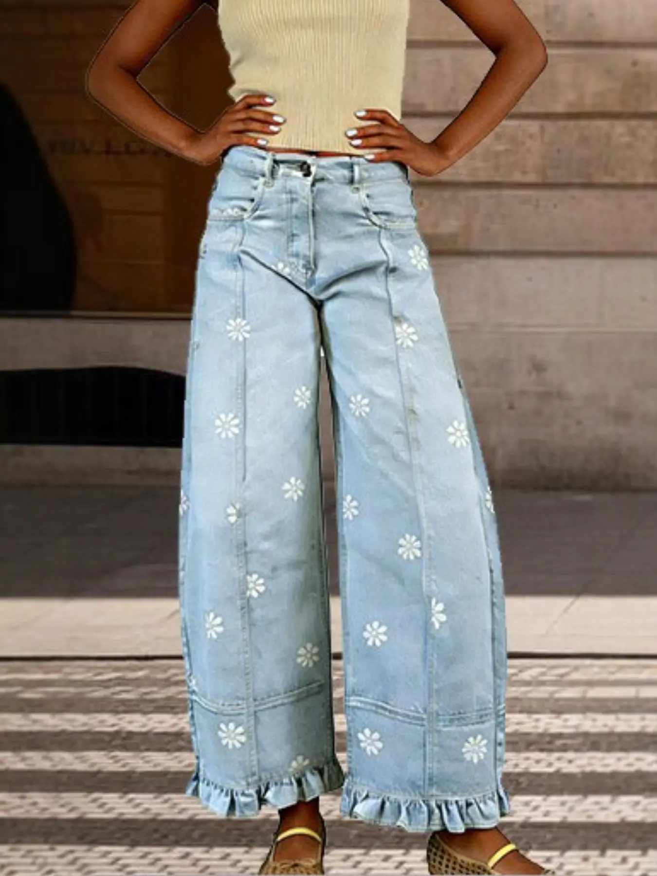 Vintage Daisy Print Wide Leg Jeans for Women, High Waist Floral Hem Loose Fit Distressed Casual Long Pants, Retro Solid Color Denim Style