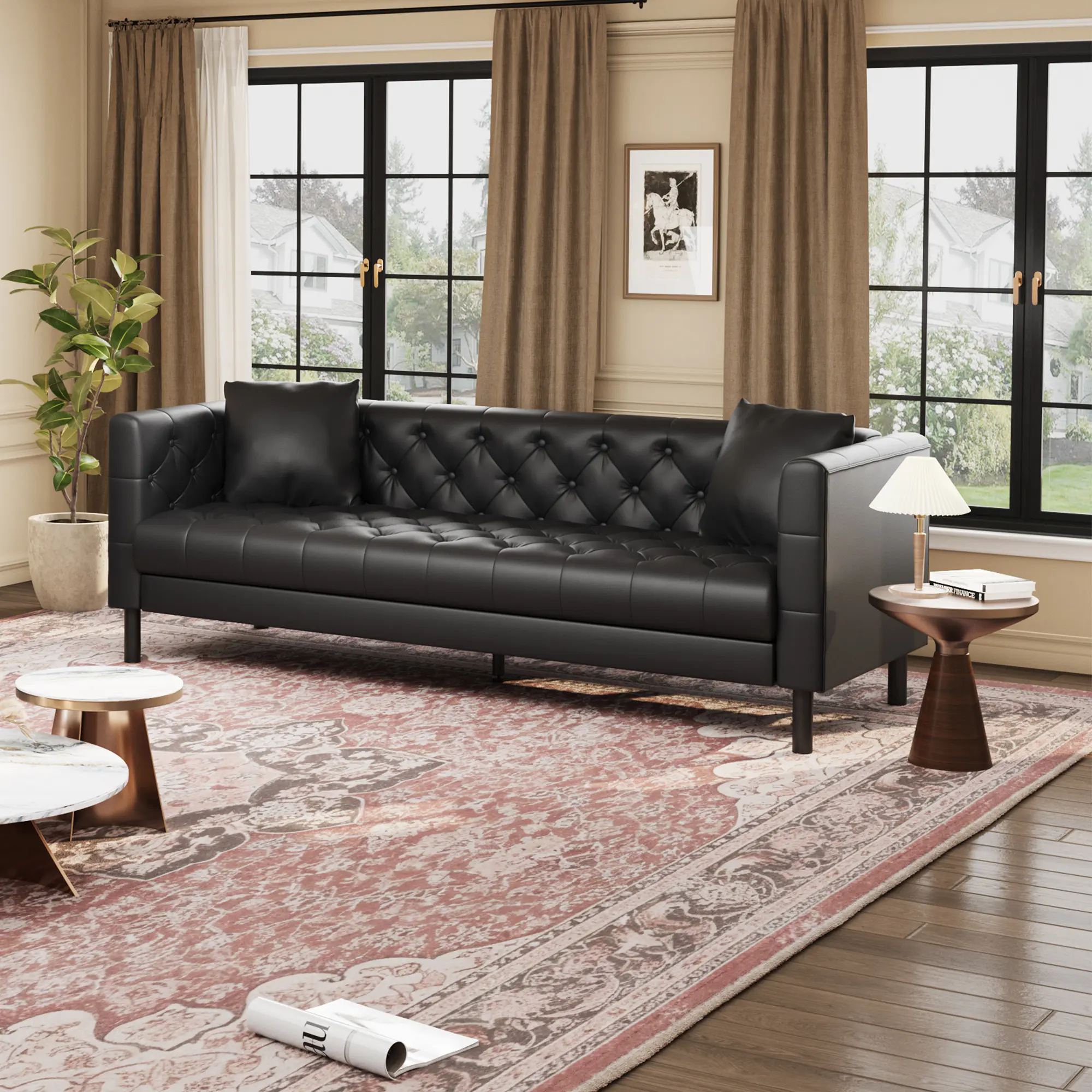 Mid Century Modern Chesterfield Sofa - 81 in Faux Leather 3-Seater Couch, Deep Seat, Handmade Button Tufted, 2 Accent Pillows, Easy-Clean Upholstered Living Room Furniture (Beige, Black)