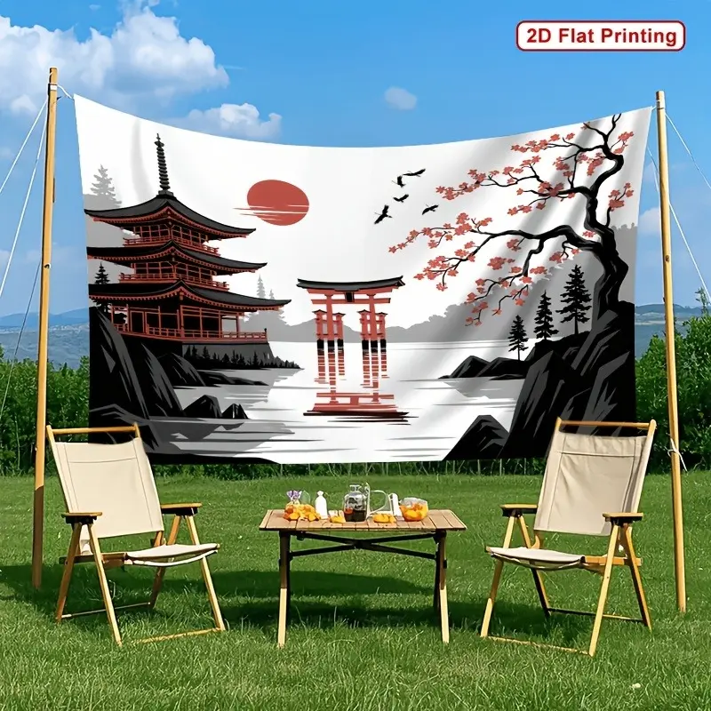 Japanese Torii Gate Cherry Blossom Pagoda Backdrop 2D Flat Banner Single-Sided Polyester Fabric with Metal Grommets Easy Hanging Home Garden Entrance Party Photo Booth Decoration
