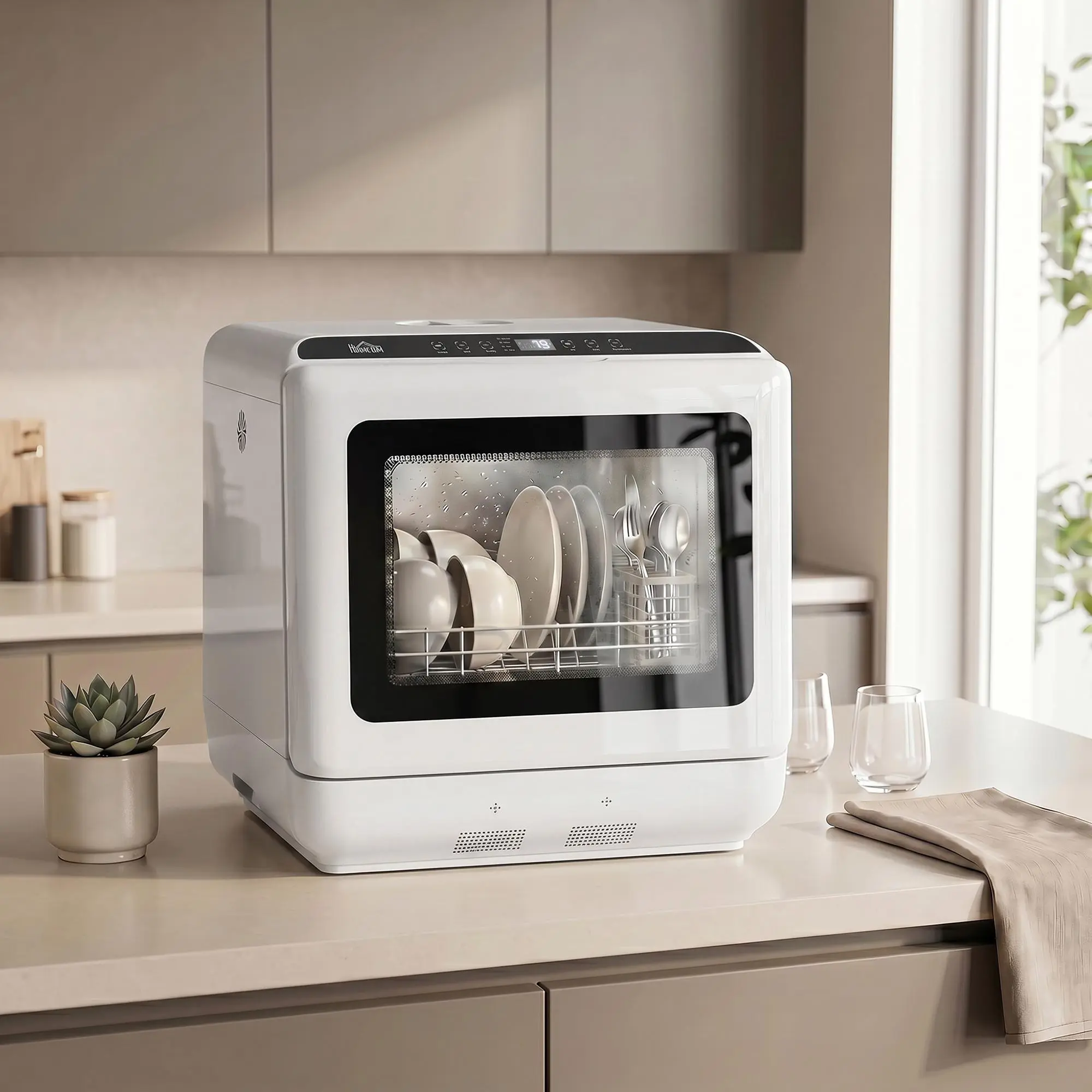 Portable Countertop Dishwasher, Mini Compact Dishwasher with 1.6-Gallon Built-in Water Tank, 5 Wash Programs and Air-Dry Function, Space-Saving Tabletop Dishwashing Machine for Apartments, Small Kitchens, RVs, Dorms, and Homes, No Permanent Water Hookup R