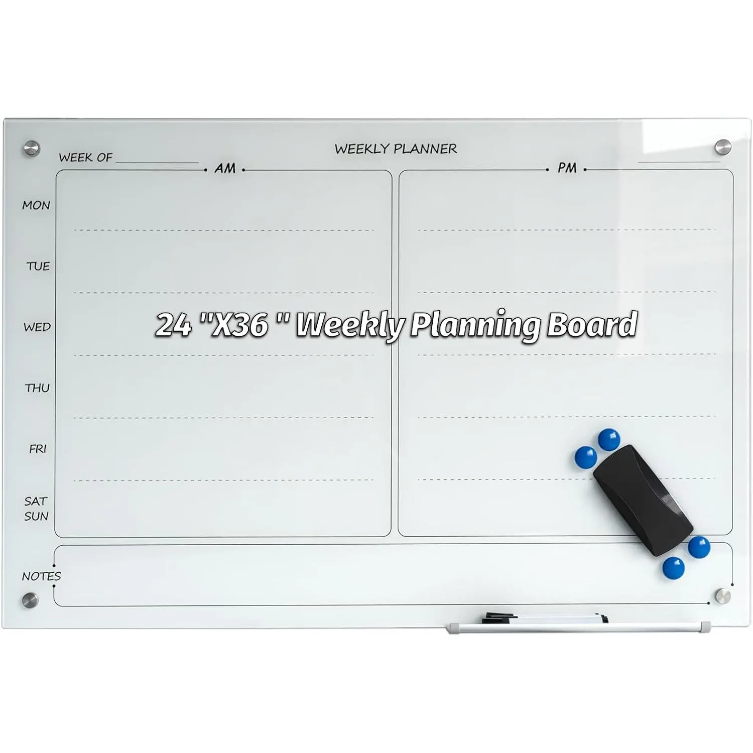 Glass Whiteboard 24"X36" Weekly Calendar Writeboard  Planner WritingBoard Dry Erase Board Frameless White Board for Office School  Tray, 3 Marker,4  and 1 Eraser