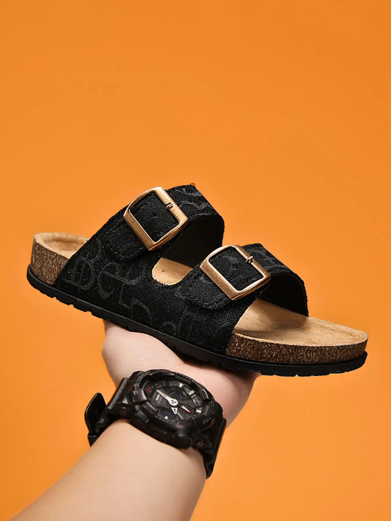 Men Black Letter Print Dual Buckle Slide Sandals, Adjustable Metal Buckle Canvas Strap Flat Slippers, Soft Cork Footbed Non-Slip Casual Slides for Daily Outdoor Beach Street Wear