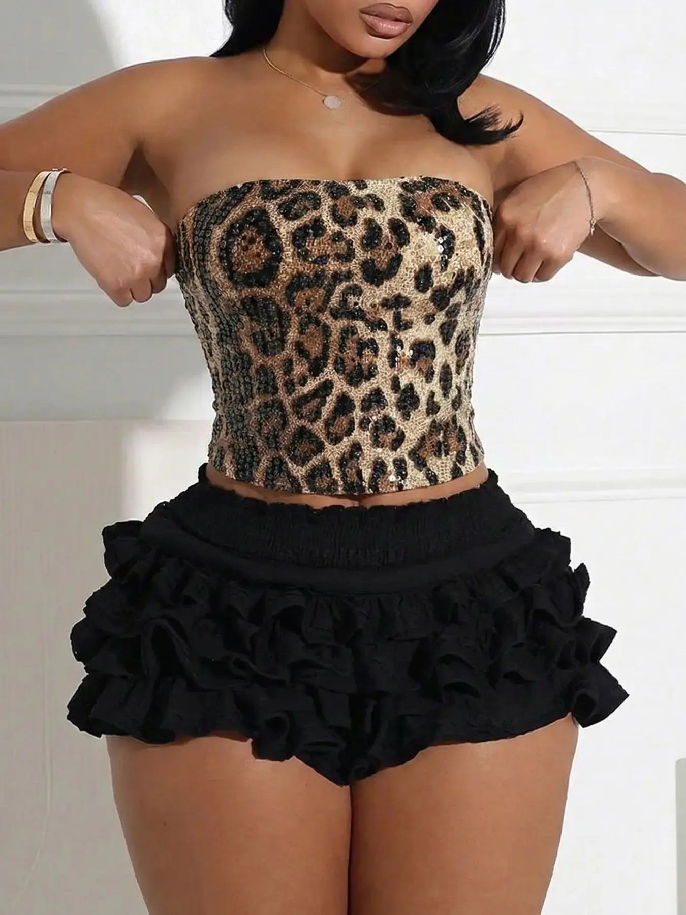 Women's Leopard Print Sequin Strapless Crop Top, Back Zipper Waist Cinch, Y2K Sexy Street Style, Nightclub Party Concert Wear