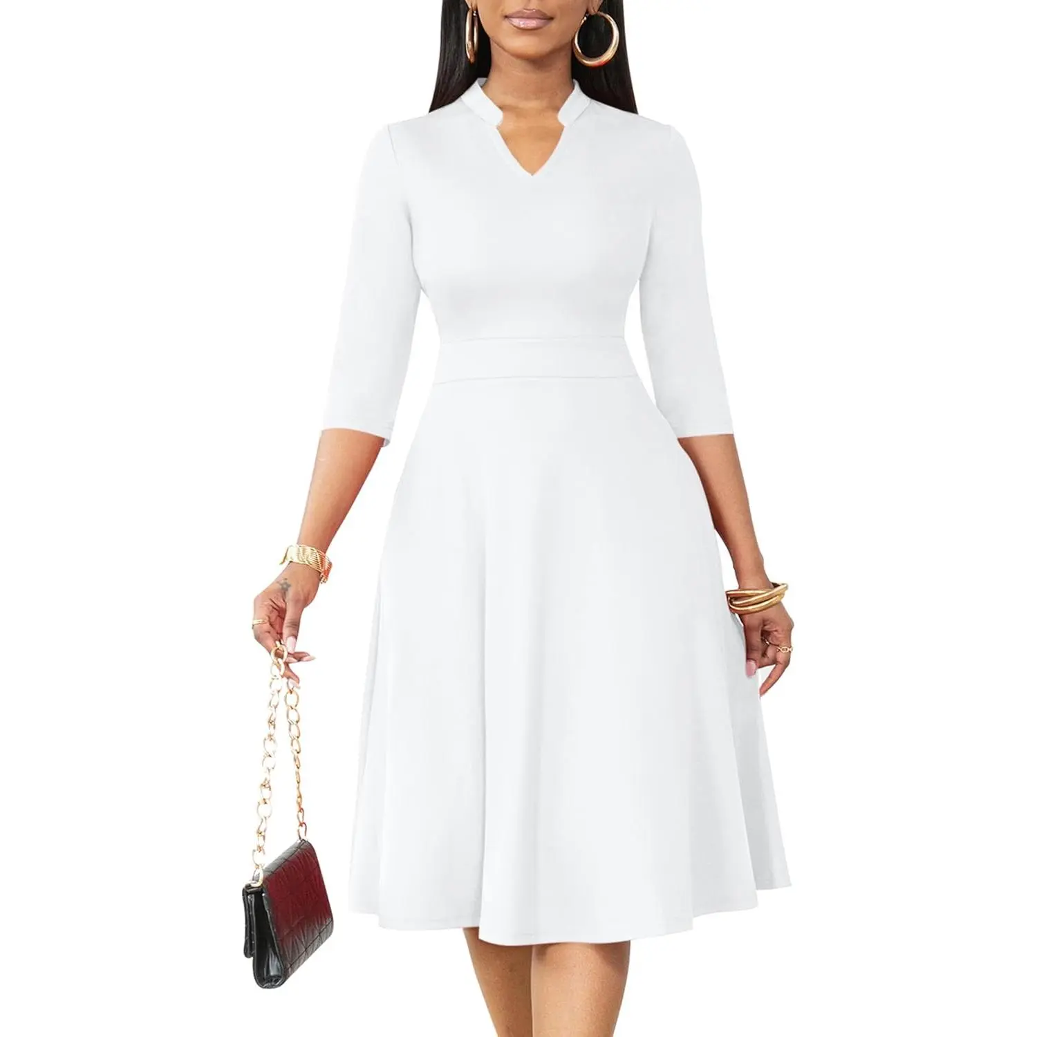 Women's High Waist Stretchy Polyester Casual Wear Dress - 3/4 Sleeve A-Line Fit and Flare, Cocktail, Church Work Dress with Pockets, Elegant, Funeral, Elastane, Draped, Fit & Flare, All Seasons, Fitted
