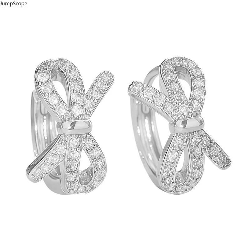 2026 Korean Viral Full Pave Bow Huggie Earrings For Women, Silver Sparkle CZ Small Snap Lock Ear Buckles Blogger Same Style Wedding Dating Gift For Her
