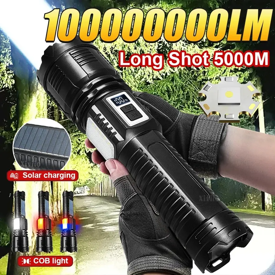 Most Powerful Solar Powered Flashlight Solar Charging Tactical Lantern With COB Light Rechargeable Lamps Outdoor Camping Fishing