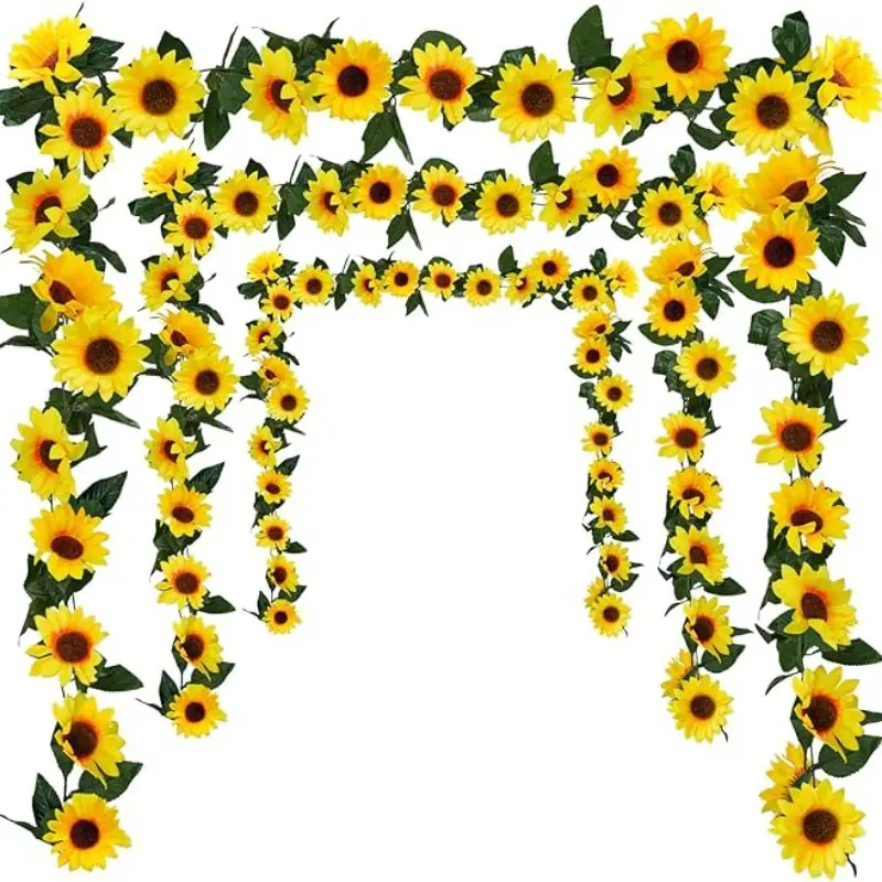 3 Piece Artificial Sunflower Wreath, 7 Feet Silk Sunflower Hanging Vine with Leaves, Room Kitchen Garden Party Decorations